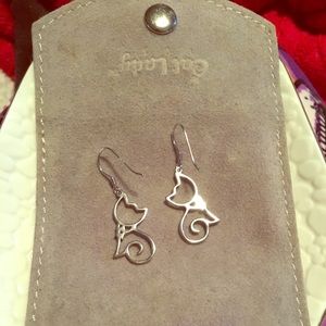 Silver cat dangle earrings